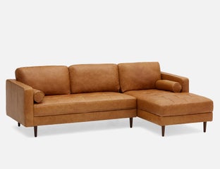 KINSEY - mid-century modern right-facing 100% leather sectional sofa - Caramel