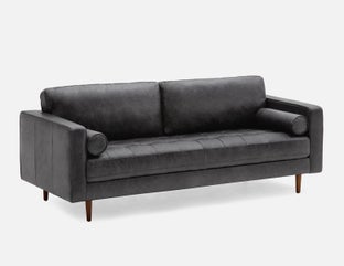 KINSEY - mid-century modern 100% leather 3-seater sofa - Black