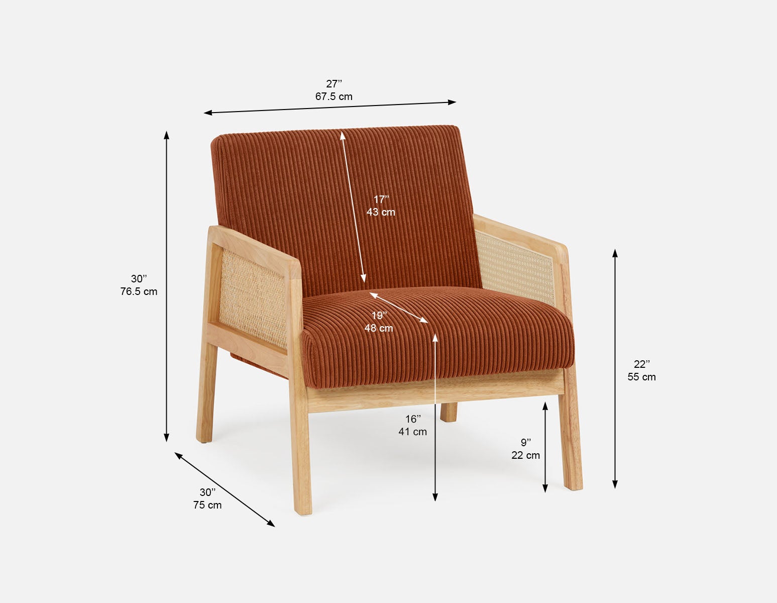 BECKETT armchair with corduroy and rattan accents undefined