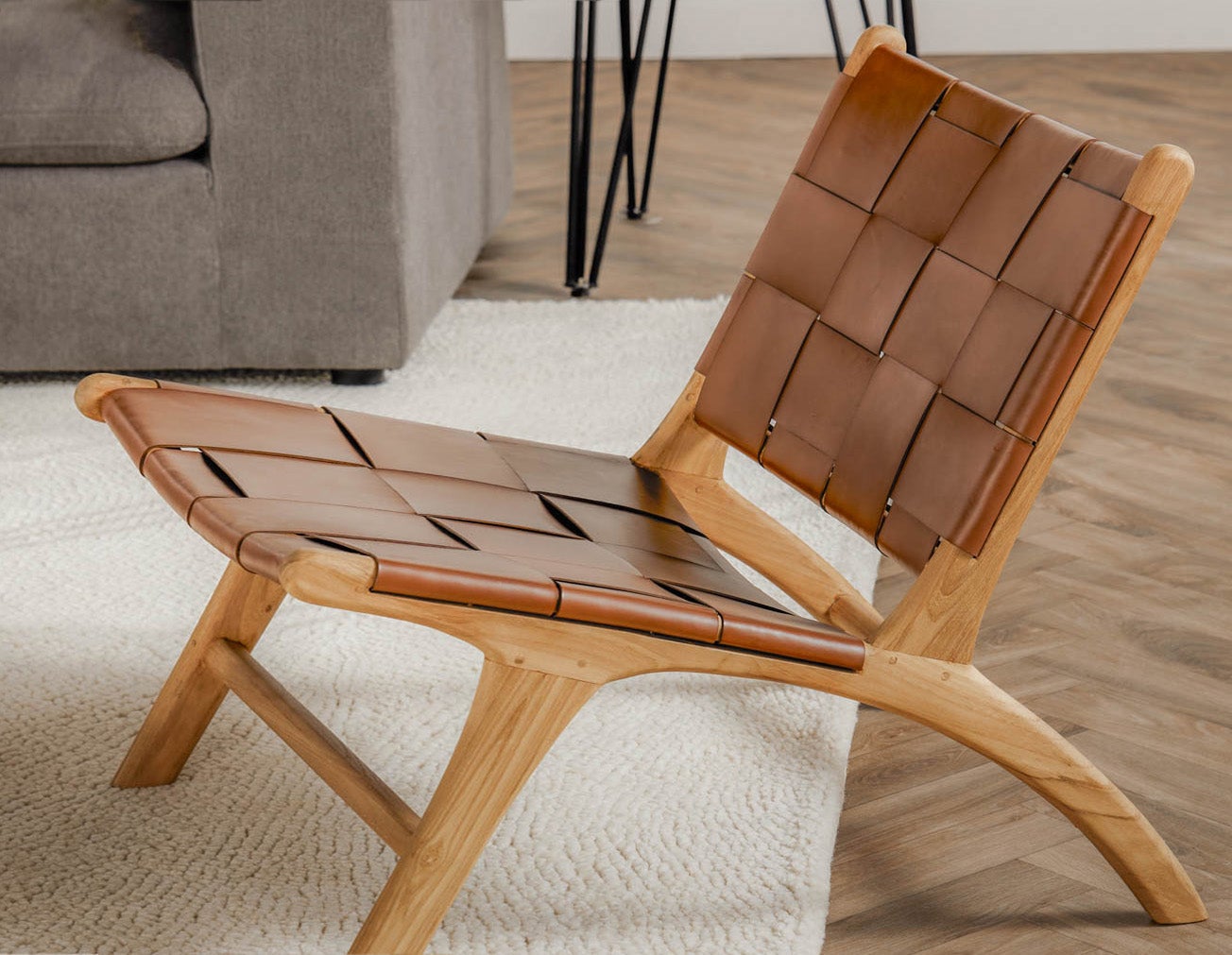 BENTA chaise d'appoint en teck et cuir tressé undefined