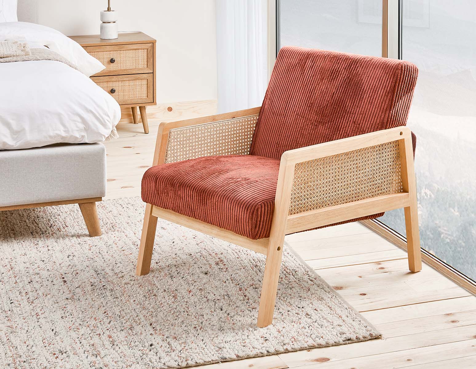 BECKETT armchair with corduroy and rattan accents undefined