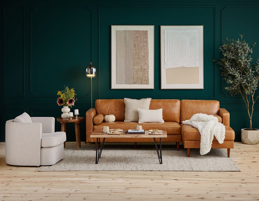 KINSEY mid-century modern right-facing 100% leather sectional sofa undefined
