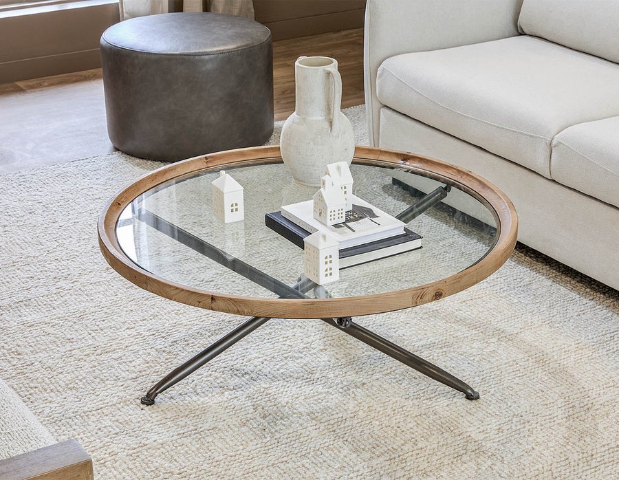 KAY table basse avec plateau en bois de sapin et verre trempé 100 cm diam. undefined