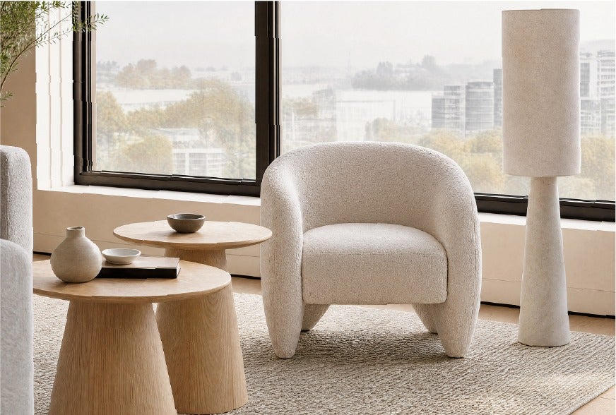 AMIENS fauteuil et LINDA lampe sur pied 144 cm hauteur