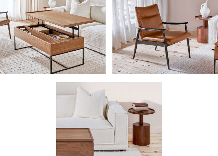 MATTEO coffee table with storage 120 cm, LATONIA 100% leather accent chair, Marcus end table