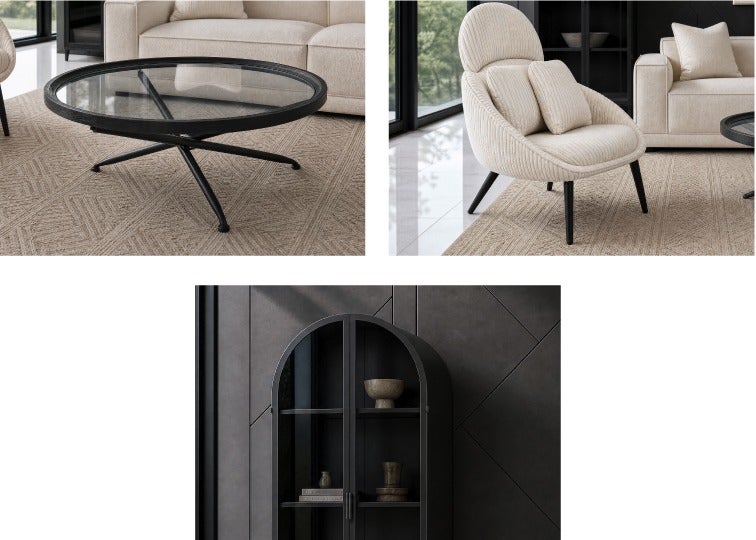 KAY fir wood coffee table, HERMAN accent chair and ZELDA iron cabinet 82 cm