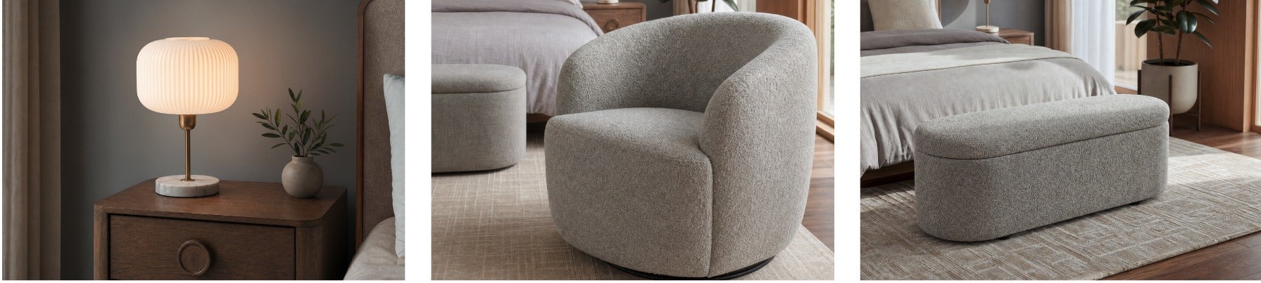 ILLIANA table lamp, JANELLE swivel armchair, FLORENCE ottoman with storage