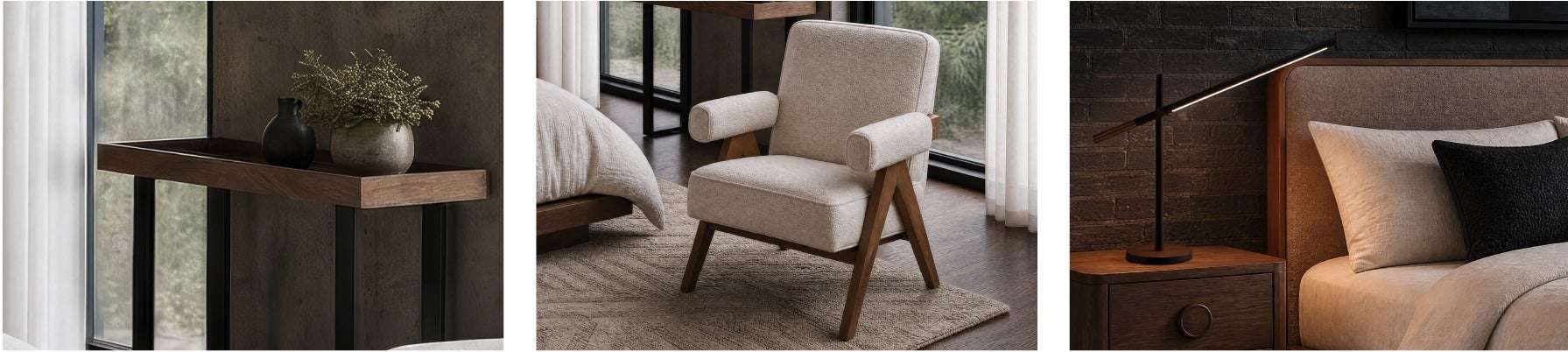 BOKARO console table, HAZEL accent chair, LUMO led table lamp