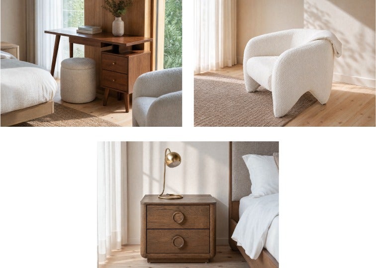 CONNOR desk, AMIENS accent chair, Taven nightstand
