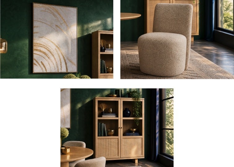 YASSI painting, WALTER dining chair, GILLIS sideboard hutch