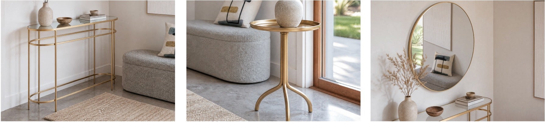 PETE console table 120 cm, ZANDER stainless steel mirror, TRIO end table