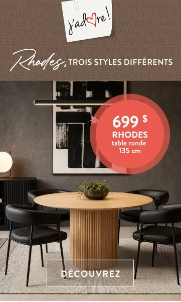 J'adore - RHODES, 3 styles&nbsp;- 699 $ RHODES table à dîner ronde 135 cm - DÉCOUVREZ&nbsp;