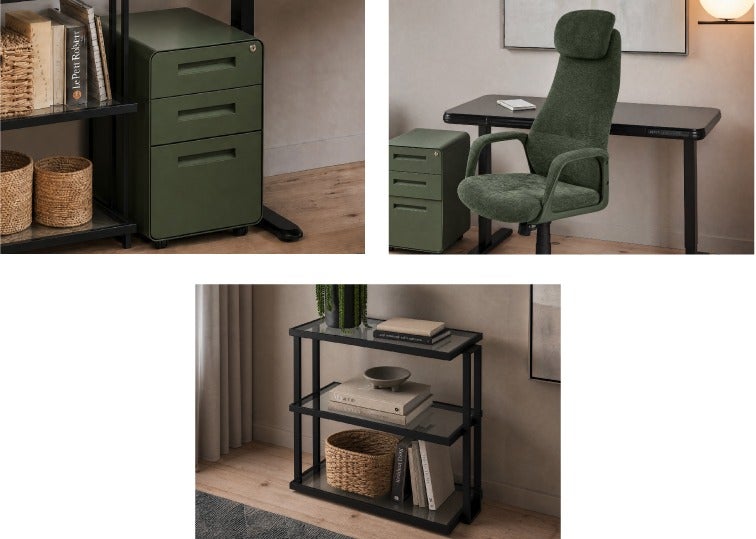 ERNESTO filing cabinet, LAZSLO ergonomic office chair, AGLAYA 3-Tier tempered Glass Shelves
