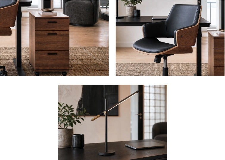 MICK filing cabinet, GALT office chair, LUMO del table lamp