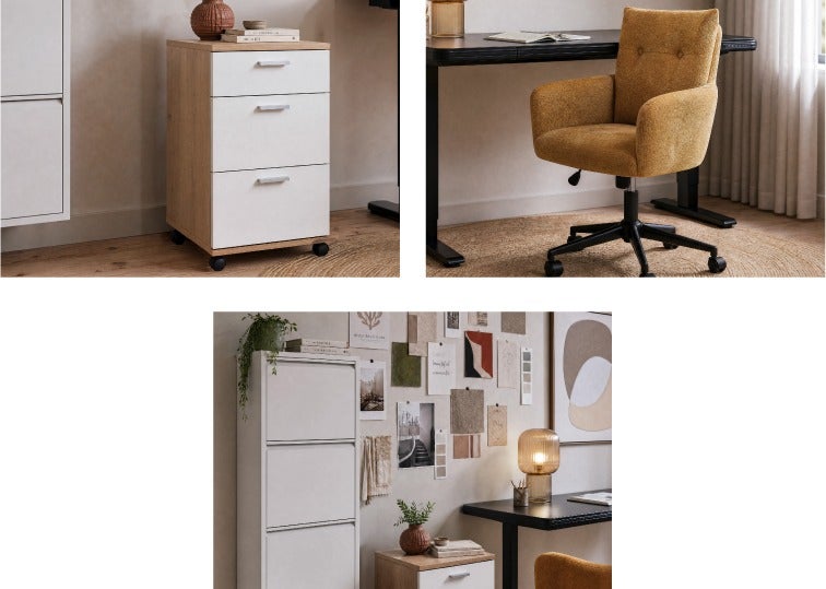 MICK filing cabinet, DUARTE office chair, BERT 4-door cabinet