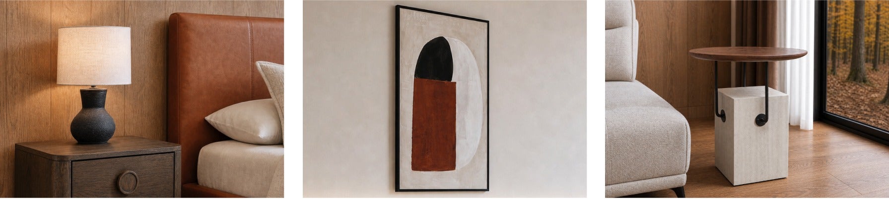 MELLY lampe de table 49.5 cm height - CENI tableau encadré 83 x 123 cm - GENNY table d'appoint 48 cm