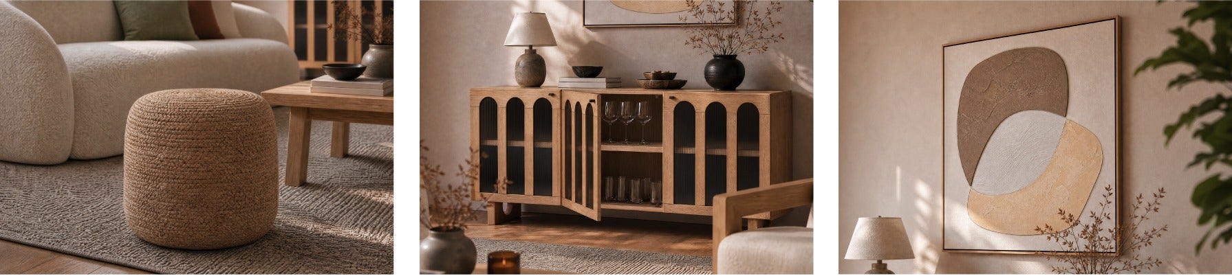 REILLY pouf en jute tressé, Priya buffet 3 portes, Ludlow tableau encadré 103 x 103cm
