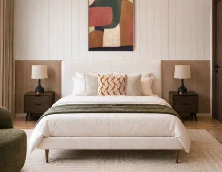 JAVIER - mid-century modern 100% leather queen size bed - Ivory