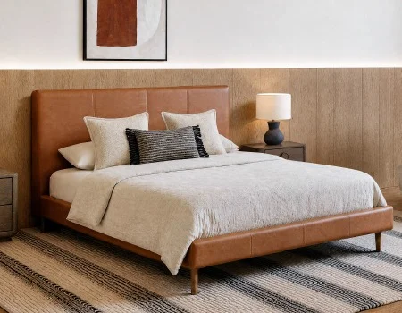 JAVIER - mid-century modern 100% leather queen size bed - Cognac